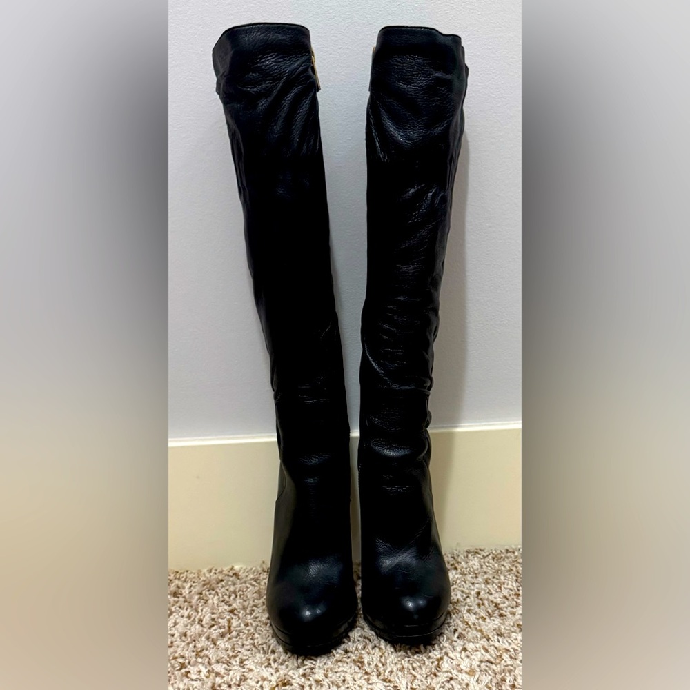 MICHAEL KORS Webster Black Scrunch Nappa Leather Knee High Stiletto Boots